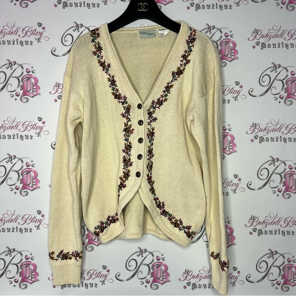 Willow ridge cardigan floral embroidered cream button up knitted knit sweater